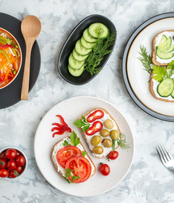 top view tasty sandwiches with fresh vegetable salad on white background food health meal bread